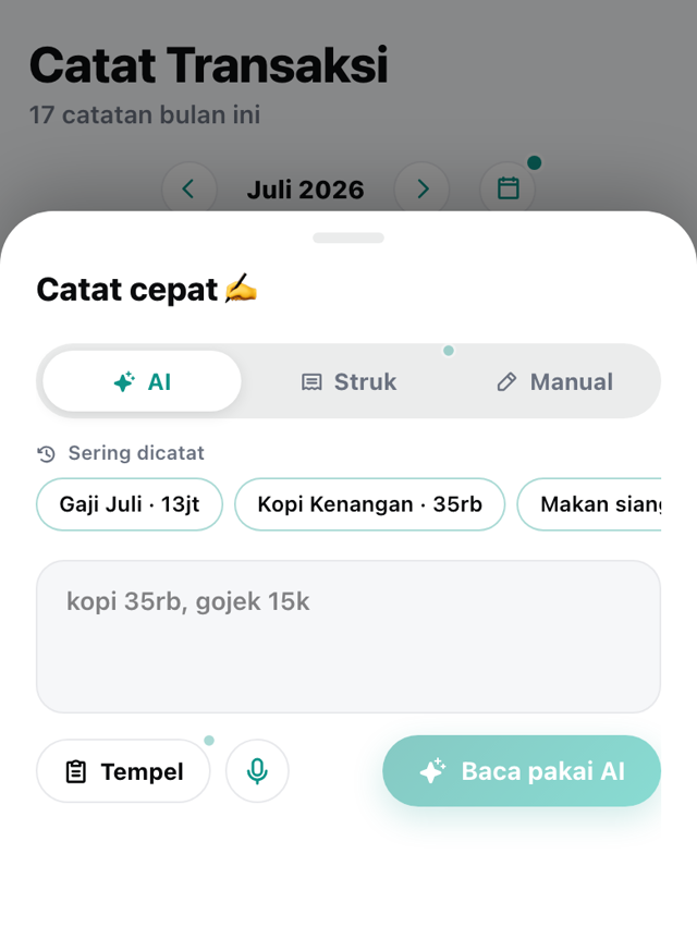 Catat cepat: ketik bebas, rekam suara, atau foto struk